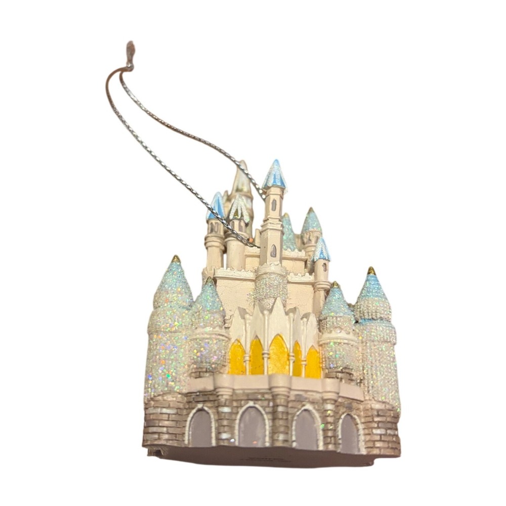Disney Ornament Cinderella Castle Magic Kingdom Cream Blue Glitter One Size